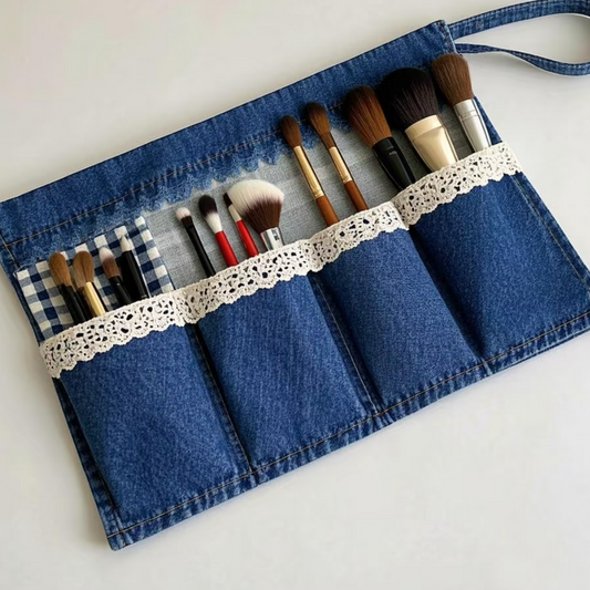 Denim Makeup Brush Organizer Pouch with 4 Pockets