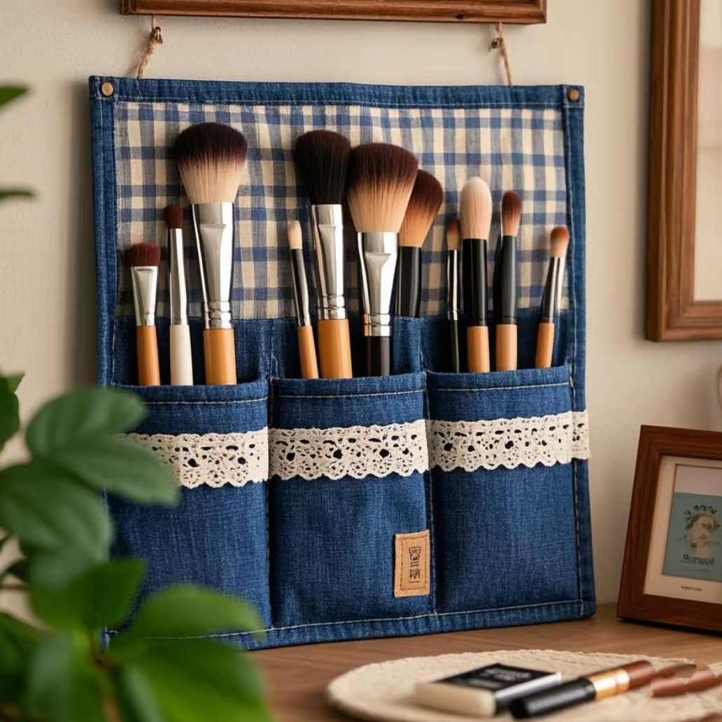 Denim Makeup Brush Organizer with 3 Pockets