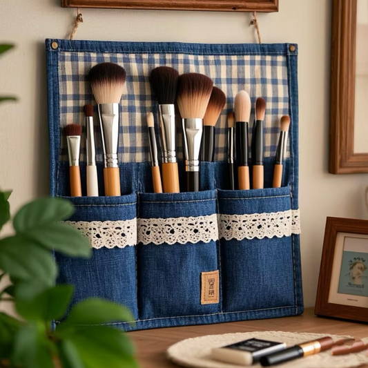Denim Makeup Brush Organizer with 3 Pockets