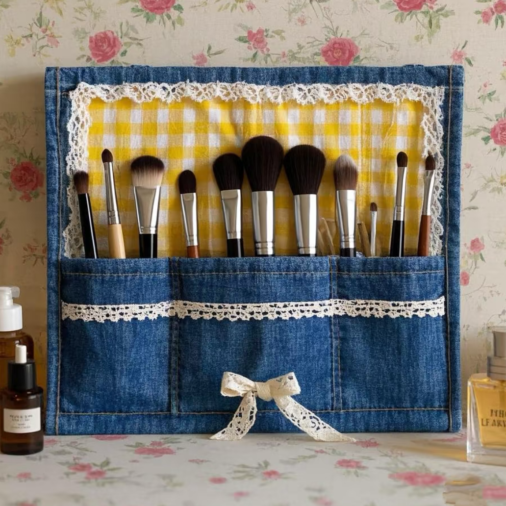 Denim Makeup Brush Organizer Pouch with 3 Pockets and Yellow Plaid Lining