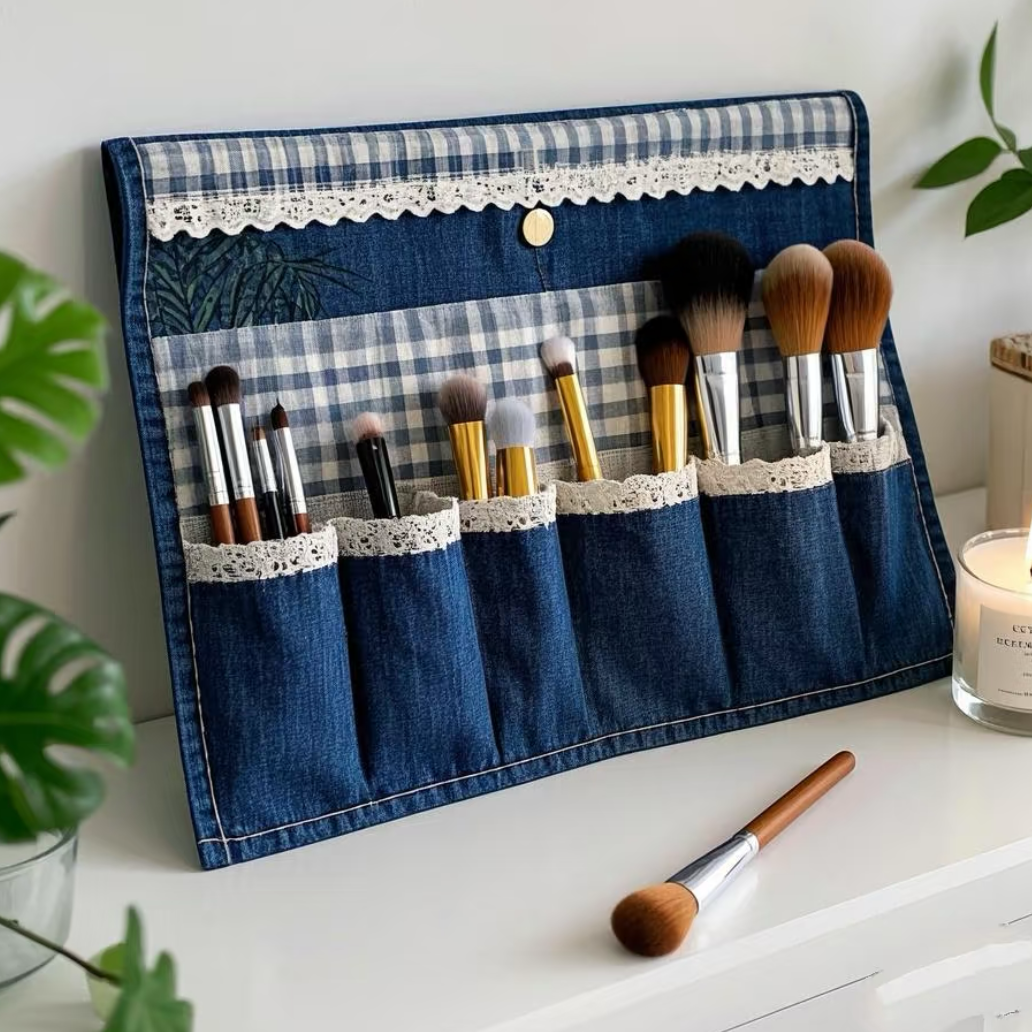 Denim Makeup Brush Organizer with 6 Pockets
